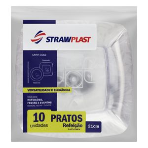 Prato Descartável Refeição Cristal Quadrado Strawplast Gold 21cm Pacote com 10 Unid