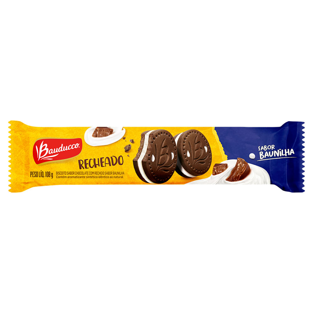 Biscoito Recheado Bauducco Chocolate Recheio Baunilha 108g, Biscoito Doce
