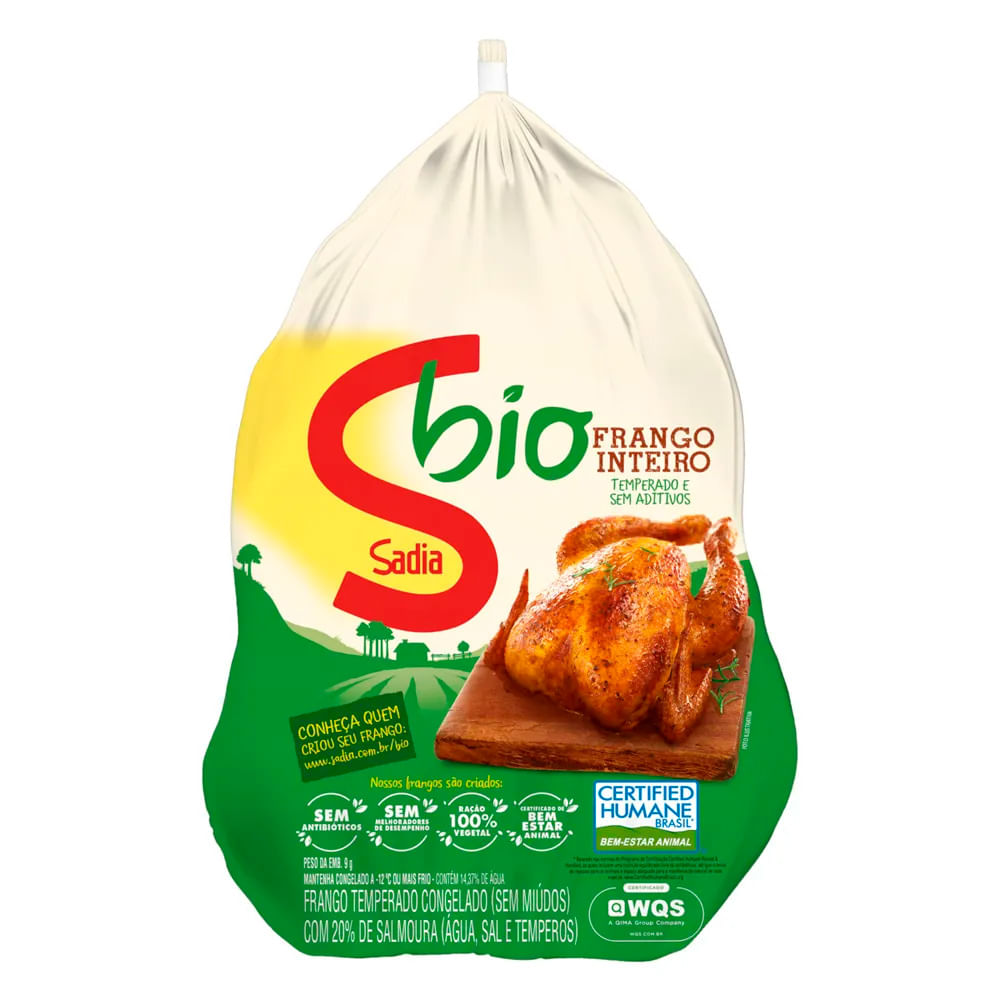 Frango Inteiro Sadia Bio s/ Miúdo Temperado Congelado