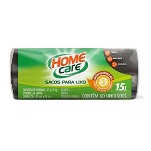 Saco para Lixo Home Care Rolo Preto 15 Litros com 60 Unidades